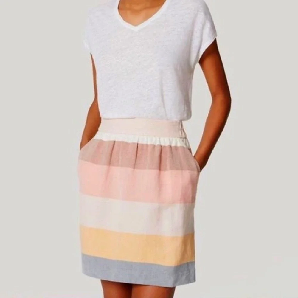 LOFT Womens Linen Blend Striped Mini Skirt Multi Color Elastic Waist Size S